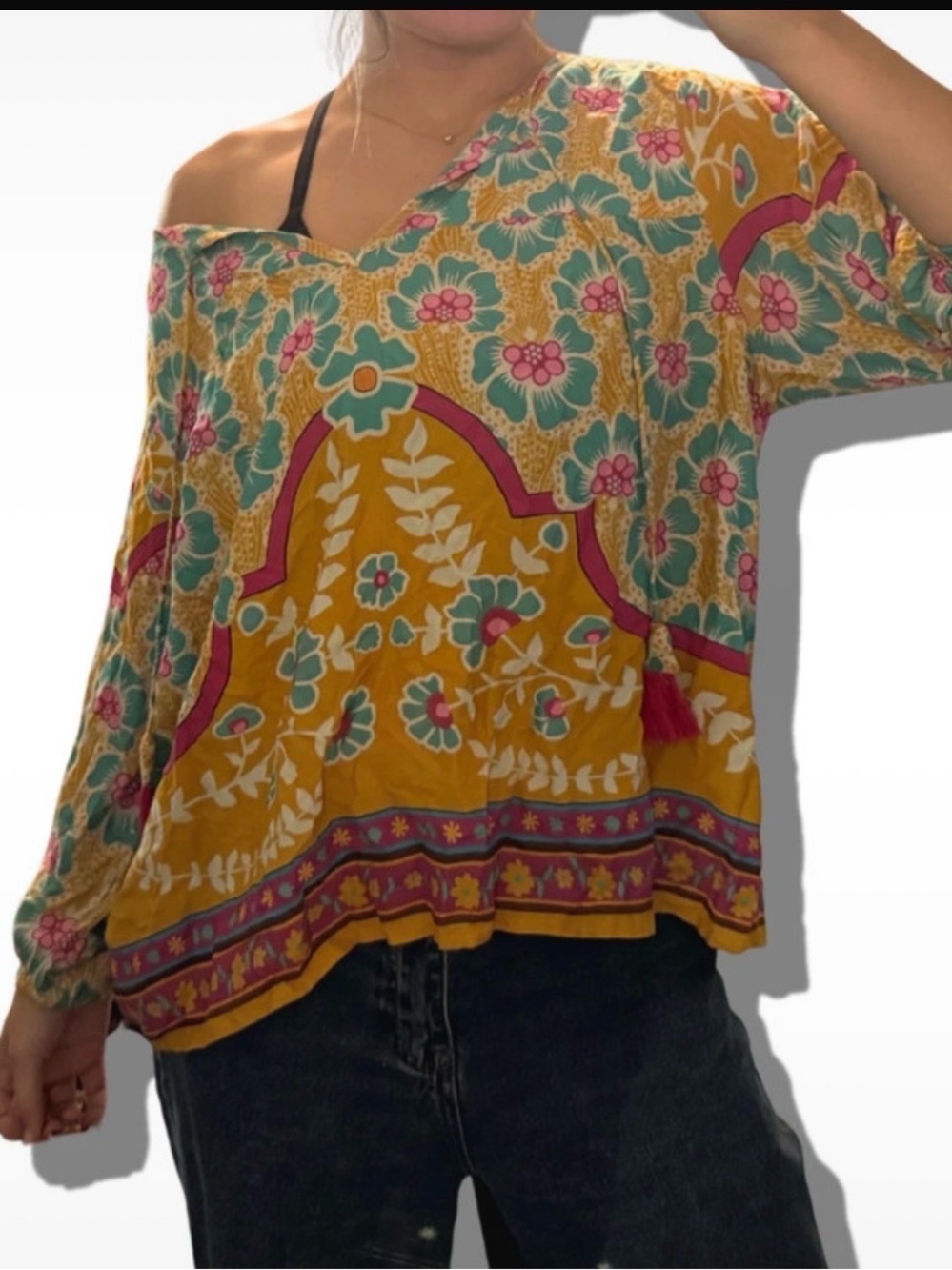 NATURAL LIFE Mustard Floral Off-Shoulder Boho Blouse with Teal & Pink Accents